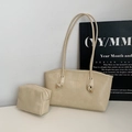 Ensemble cabas beige deux pièces avec poignées nouées et pochette assortie - Kaki