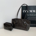Ensemble sac cabas rétro en similicuir gris anthracite avec pochette et dorures - Noir