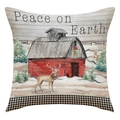 Detail van kerstkussenhoes met rode schuur, rendierprint en ruitjesrand voor decoratie - Rode Schuur en Rendier Stijl (23YM79-1)