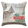 Detail van kerstkussenhoes met rode vrachtwagen en klassieke ruitpatronen - Vintage Landelijke Pick-up Stijl (23YM79-4)