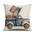 Linen pillow cover with vintage blue truck, daisies, and American flag print - Flag Truck Daisy Illustration Style (23YM8-27)