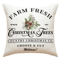 Dettaglio della fodera per cuscino in lino con stampe di pigne e bacche natalizie - Alberi di Natale Vintage Farm Fresh