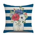 Square linen pillowcase with blue stripes and floral illustration in a glass jar - Blue White Stripes Vase Illustration Style (23YM9-6)