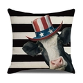 Linen square pillow cover with patriotic cow in Uncle Sam hat on striped background - Stripes Base Patriotic Cow Hat Style (23YM8-30)