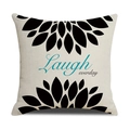 Leinen-Kissenbezug mit Laugh Everyday Schriftzug und geometrischem Blumenmuster - Laugh Everyday - Cyanblau Schwarzes Blatt (23YM20-14)
