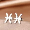 Detailed view of silver Pisces zodiac stud earrings on champagne silk background - Silver Pisces (F1206-Pisces)
