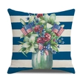 Independence Day linen pillow case with floral bottle and US flag ribbon print - Blue White Wide Stripes Floral Vase Style (23YM9-10)