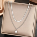 Collana a doppio strato in acciaio inossidabile argento con catena snake e ciondolo con perla - Argento (F1256)