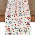 Freedom themed linen table runner with red blue stars and stripes for Patriotic decor - Off-White Fireworks Freedom Style (ZQ2-1)