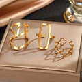 Three-piece set of golden hollow geometric and clover open adjustable stainless steel rings - Gold Three-Piece Set (F621)