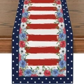 Chemin de table en lin drapeau américain avec rayures rustiques et motifs floraux - Style Rayures Rouge Blanc Floral Bordure Bleue (ZQ2-26)