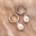 Eleganti orecchini con perla a goccia e cerchi in argento lucido su velluto - Stile Argento (C9184)