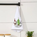 White Christmas hand towel featuring festive gnomes and tree hanging in kitchen decor - Christmas Tree / White