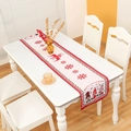 Knitted Christmas table runner with red elk and gnome patterns on beige background - 2.2m / Three Gnomes Style