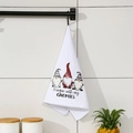 White Christmas gnome hand towel with Hangin with my GNOMIES slogan hanging in kitchen - Three Gnomes Style / White