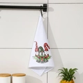 White Christmas kitchen towel with gnome prints and Merry Everything holiday greeting - Wreath Style / White