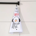 White Christmas snowman hand towel with stay FROSTY text hanging on a black rack - Earmuff Snowman Style