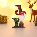 Christmas wooden JOY sign with gnome and plaid pattern on dark wood base tabletop decor - JOY Letter Plaid Gnome Style