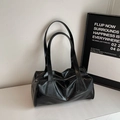 Minimalist black shiny oil wax leather baguette shoulder bag with long straps for women - Black