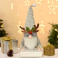Christmas gnome plush toy with reindeer antlers and gray-white textured pointed hat decoration - Grey