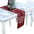 Kersttafelloper in rood-zwart ruitpatroon met witte Merry Christmas tekst en motieven - Wijnstok Patroon (Merry Christmas)