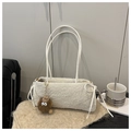 White faux shearling shoulder bag with bow detail and cute monster charm for autumn winter - With Pendant / White