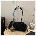 Black plush faux fur shoulder bag with drawstring detail and cute monster charm - With Pendant / Black