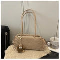 Chic light brown fleece shoulder bag with cute monster charm and ribbon detail - With Pendant / Khaki