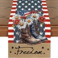 Linen American Flag table runner with boots and flowers for Independence Day decor - Vintage Boots Floral Freedom Style (ZQ2-28)