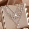 Collar de tres capas de acero inoxidable plateado con cadena clip y colgante perla - Plata (F406)