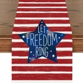 Linen table runner with red stripes and blue star featuring Let Freedom Ring text - Red White Stripes Blue Star LET FREEDOM RING Style (ZQ2-7)
