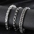 Bracciali da uomo in acciaio inossidabile argento con catena bizantina e cubana - Set di 3 Bracciali (F2406)