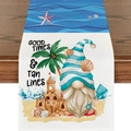 Linen table runner with summer beach gnome design and sea wave patterns on wood table - Beach Gnomes Sandcastle Coconut Tree Style (ZQ2-14)