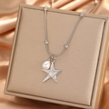 Collier avec pendentif étoile de mer et perle en acier inoxydable argenté poli - Style Perle Étoile de Mer Argent (C3064)