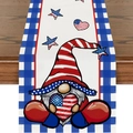 Independence Day gnome table runner with stars and stripes printed on linen fabric - Patriotic Gnome Holding Heart Blue White Gingham Border Style (ZQ2-37)