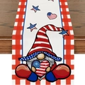 Linen table runner with patriotic gnomes and red white blue stars on wooden table - Red White Gingham Border Cartoon Gnome Holding Heart Style (ZQ2-38)