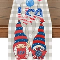 Patriotic July 4th gnome table runner with stars and stripes linen texture - USA Balloon Decor Gnomes Plaid Base Style (ZQ2-41)