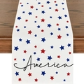 Linen table runner with red blue stars and America script for Independence Day decor - White Base Red Blue Star America Style (ZQ2-35)