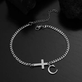 Silver stainless steel curb chain anklet with cross and crescent moon charms - Letter A Style / Silver