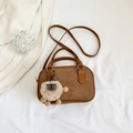 Brown frosted suede Boston bag with a cute plush lamb pendant and shoulder strap - With Pendant / Brown