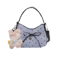Bolso bandolera de rayas azules con estampados de corazones negros y colgante de conejito - Azul Niebla (Con Colgante de Felpa)