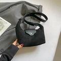 Minimalist black crescent shoulder bag in suede and leather with silver hardware finish - Black