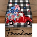 Linen table runner with red vintage truck, flag, and freedom text on buffalo check - Vintage Red Truck Stars Stripes Black White Plaid Border Style (ZQ2-34)