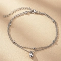 Double-layer silver stainless steel anklet featuring bead accents and a water drop pendant - Silver (F2242)