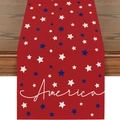 Patriotic red linen table runner with stars and America script for Independence Day - Red Base Blue White Star Cursive America Style (ZQ2-36)