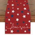 Linen table runner with red background, blue stars and America text for patriotic decor - Red Base Blue White Star America Style (ZQ2-12)
