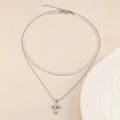 Double-layered silver stainless steel necklace with cross pendant and flat snake chain - Silver (F2320)