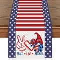 Patriotic USA gnome linen table runner with red white and blue stars stripes - Gnome Holding Heart PEACE LOVE AMERICA Style (ZQ2-16)