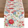 Linen American Flag table runner with red roses and patriotic text on wood table - Rose Floral Patriotic Words Collage Style (ZQ2-42)