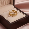 Golden crown-style double-layer adjustable ring with twisted rope and bead details - Gold Twisted Rope Bead Style (N6841)